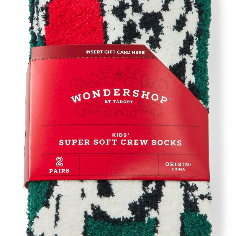 slide 3 of 4, Kids' 2pk Dalmatian & Striped Cozy Crew Socks with Gift Card Holder - Wondershop™ Dark Green M/L, 2 ct