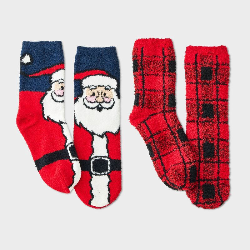 slide 1 of 3, Kids' 2pk Santa & Plaid Cozy Crew Socks with Gift Card Holder - Wondershop™ Red/Navy Blue M/L, 2 ct
