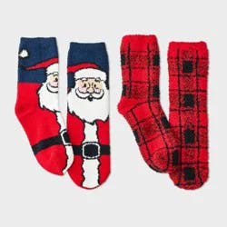 Kids' 2pk Santa & Plaid Cozy Crew Socks with Gift Card Holder - Wondershop™ Red/Navy Blue M/L