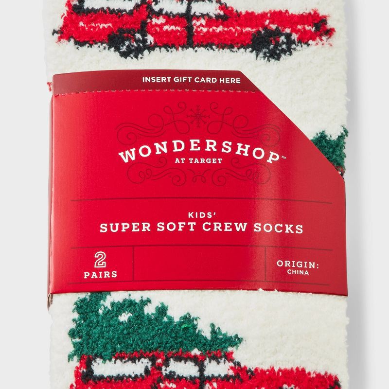 slide 3 of 3, Kids' 2pk Christmas Tree Cars & Plaid Cozy Crew Socks with Gift Card Holder - Wondershop™ White M/L, 2 ct