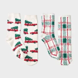 Kids' 2pk Christmas Tree Cars & Plaid Cozy Crew Socks with Gift Card Holder - Wondershop™ White M/L