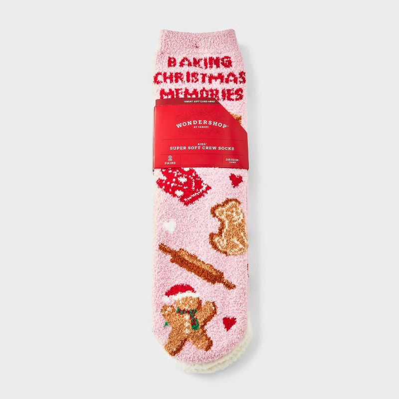 slide 2 of 3, Kids' 2pk Baking Christmas Memories Cozy Crew Socks with Gift Card Holder - Wondershop™ Pink M/L, 2 ct