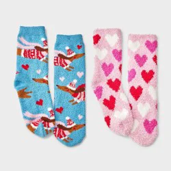 Kids' 2pk Dogs & Hearts Cozy Crew Socks with Gift Card Holder - Wondershop™ Blue M/L