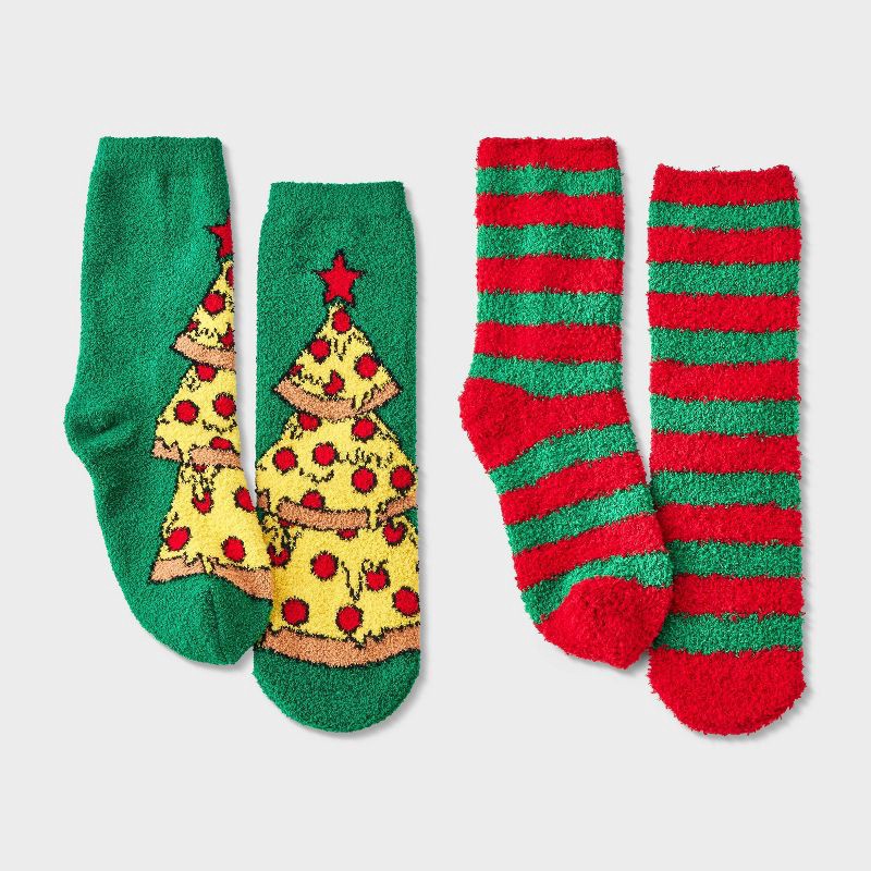 slide 2 of 3, Kids' 2pk Pizza Christmas Tree Cozy Crew Socks with Gift Card Holder - Wondershop™ Green M/L, 2 ct