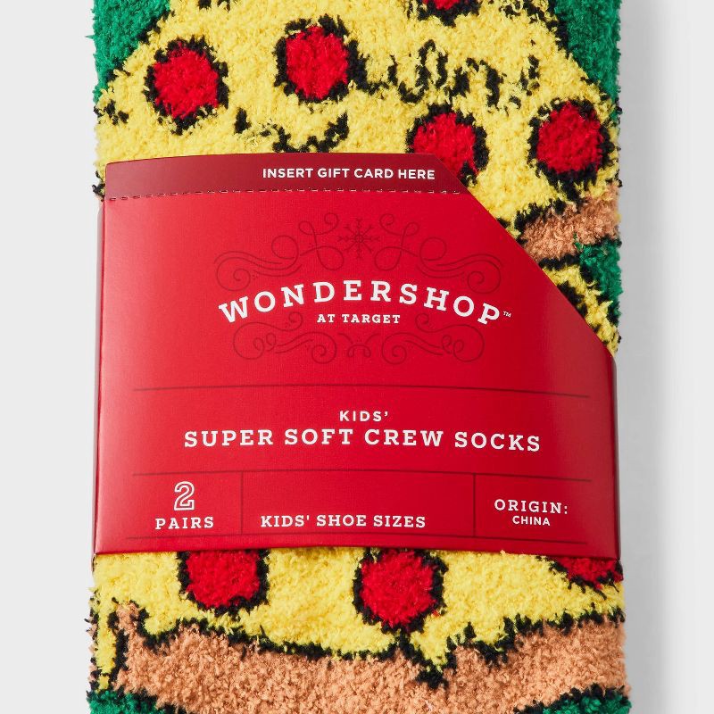 slide 3 of 3, Kids' 2pk Pizza Christmas Tree Cozy Crew Socks with Gift Card Holder - Wondershop™ Green M/L, 2 ct