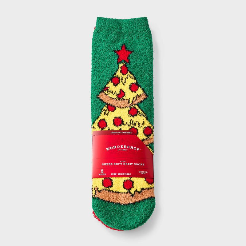 slide 1 of 3, Kids' 2pk Pizza Christmas Tree Cozy Crew Socks with Gift Card Holder - Wondershop™ Green M/L, 2 ct
