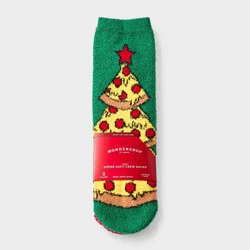 Kids' 2pk Pizza Christmas Tree Cozy Crew Socks with Gift Card Holder - Wondershop™ Green M/L