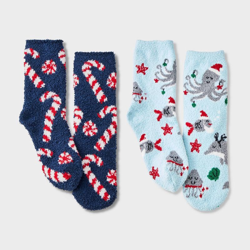 slide 2 of 3, Kids' 2pk Christmas Sea Life Animals & Candy Canes Cozy Crew Socks with Gift Card Holder - Wondershop™ Light Blue XS/S, 2 ct