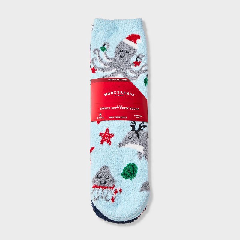 slide 1 of 3, Kids' 2pk Christmas Sea Life Animals & Candy Canes Cozy Crew Socks with Gift Card Holder - Wondershop™ Light Blue M/L, 2 ct