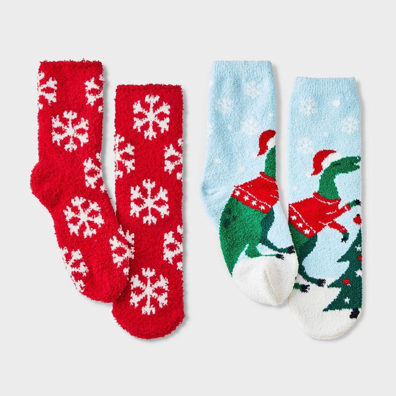 slide 2 of 3, Kids' 2pk Christmas Dinosaur & Snowflakes Cozy Crew Socks with Gift Card Holder - Wondershop™ XS/S, 2 ct