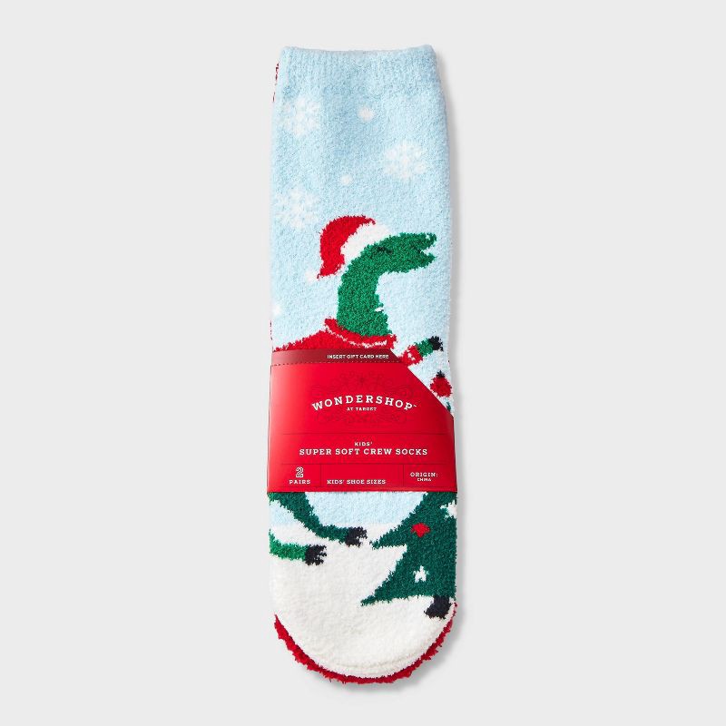 slide 1 of 3, Kids' 2pk Christmas Dinosaur & Snowflakes Cozy Crew Socks with Gift Card Holder - Wondershop™ XS/S, 2 ct