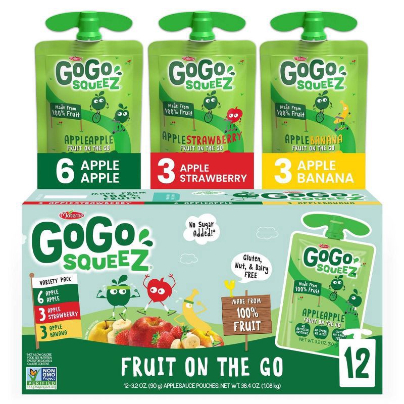 slide 1 of 7, GoGo squeeZ Applesauce and Fruit Puree Apple Apple, Apple Strawberry, Apple Banana Snack Pouches, 12 ct