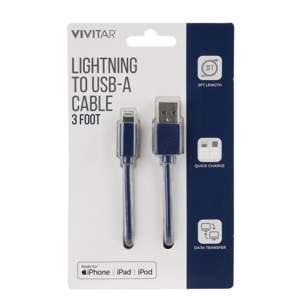 slide 1 of 2, Vivitar Lightning To Usb-A Cable, 3', Navy, Nil1003, 1 ct