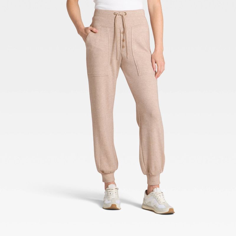 slide 1 of 3, Women's High-Rise Knit Joggers - Universal Thread™ Heather Oatmeal L, 1 ct