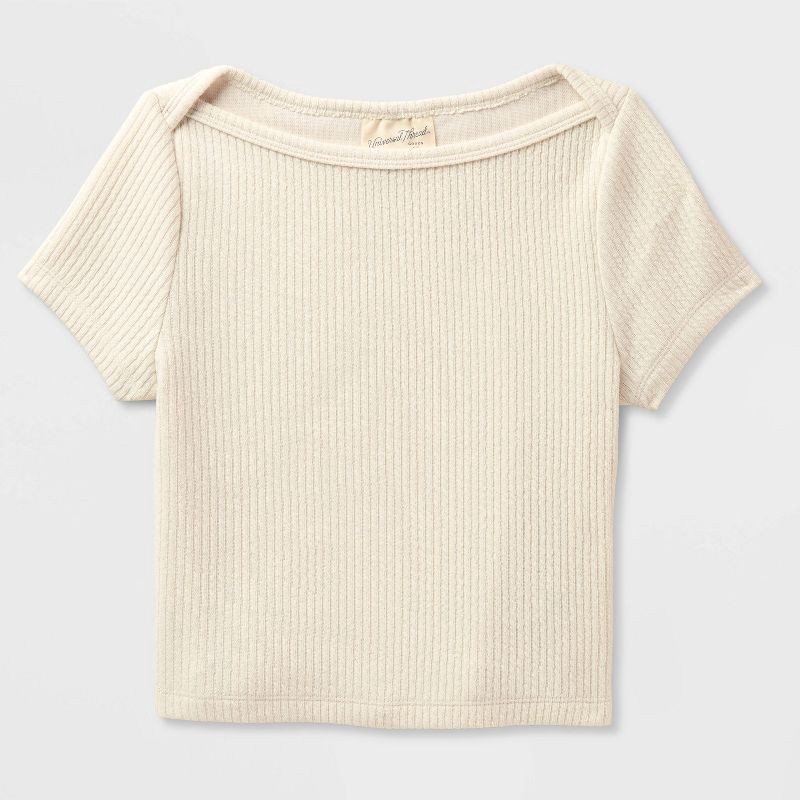 slide 4 of 4, Women's Slim Fit Short Sleeve Boat Neck Ribbed T-Shirt - Universal Thread™ Cream S, 1 ct