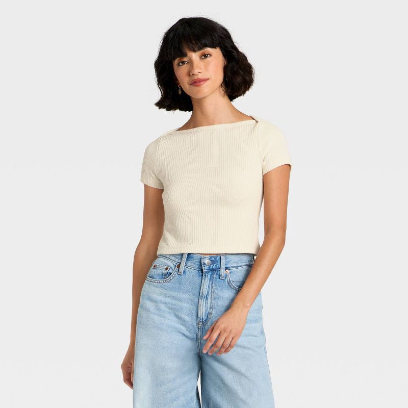 slide 1 of 4, Women's Slim Fit Short Sleeve Boat Neck Ribbed T-Shirt - Universal Thread™ Cream S, 1 ct