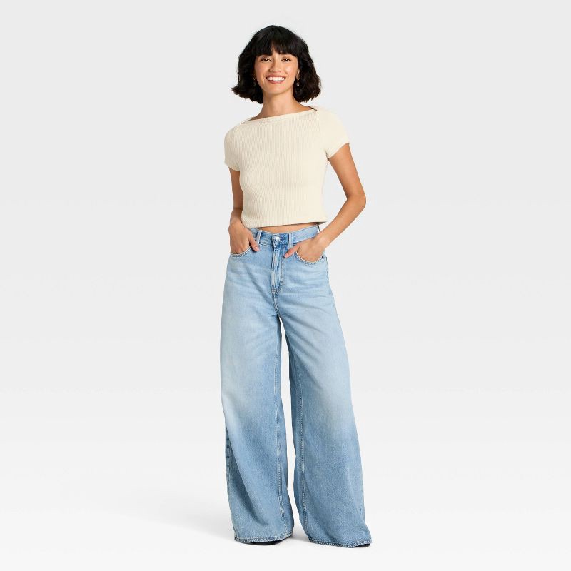 slide 3 of 4, Women's Slim Fit Short Sleeve Boat Neck Ribbed T-Shirt - Universal Thread™ Cream M, 1 ct