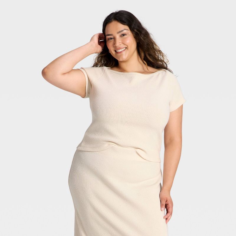 slide 1 of 3, Women's Slim Fit Short Sleeve Boat Neck Ribbed T-Shirt - Universal Thread™ Cream XXL, 1 ct