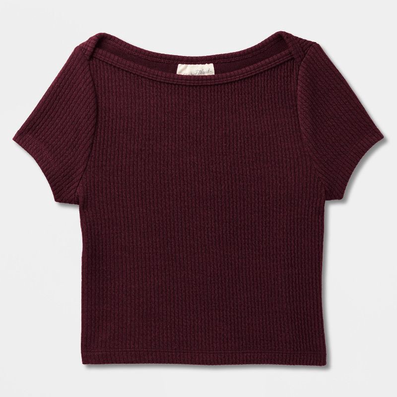 slide 4 of 4, Women's Slim Fit Short Sleeve Boat Neck Ribbed T-Shirt - Universal Thread™ Burgundy XS, 1 ct