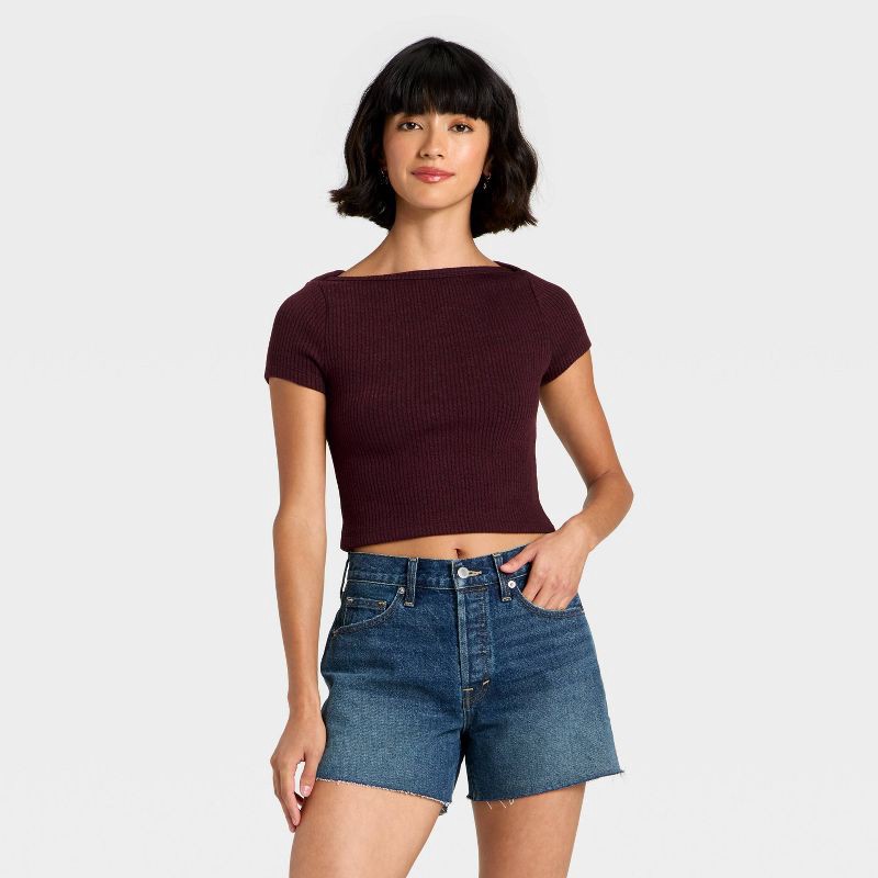 slide 1 of 4, Women's Slim Fit Short Sleeve Boat Neck Ribbed T-Shirt - Universal Thread™ Burgundy XS, 1 ct