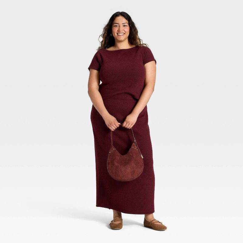 slide 3 of 3, Women's Slim Fit Short Sleeve Boat Neck Ribbed T-Shirt - Universal Thread™ Burgundy XXL, 1 ct