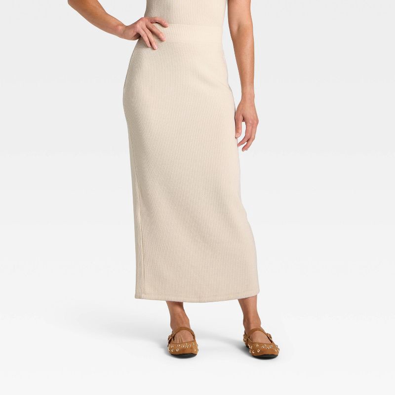 slide 1 of 4, Women's Knit Ribbed Maxi Pencil Skirt - Universal Thread™ Cream S, 1 ct