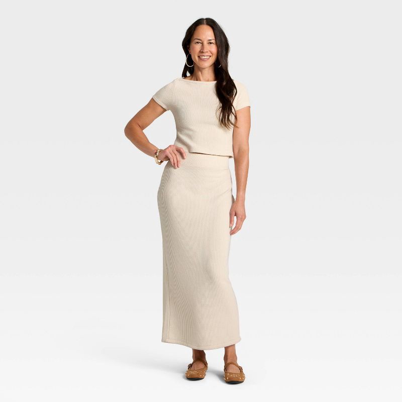 slide 3 of 4, Women's Knit Ribbed Maxi Pencil Skirt - Universal Thread™ Cream L, 1 ct