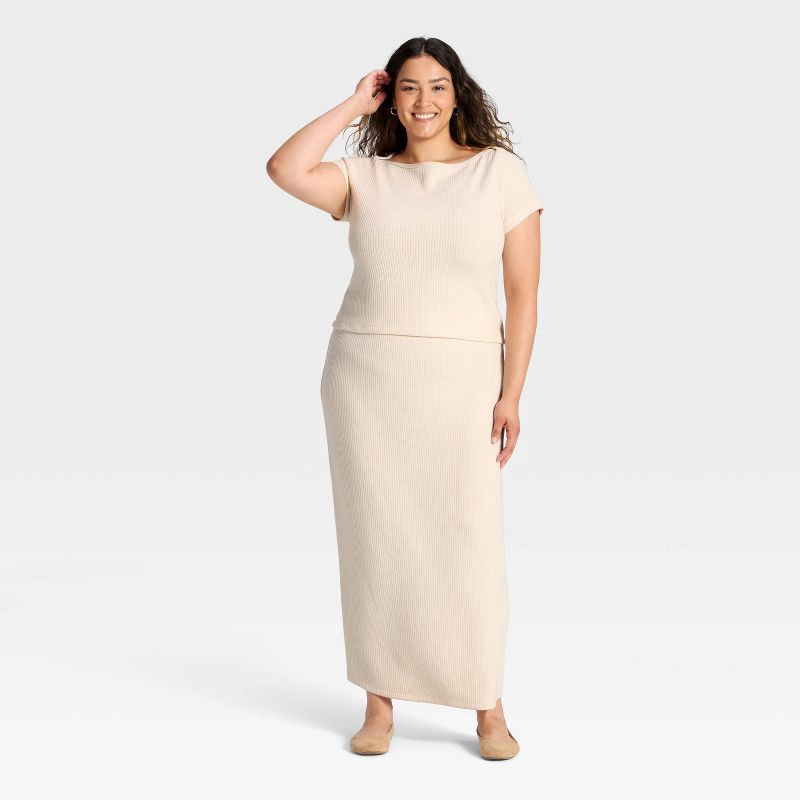 slide 3 of 3, Women's Knit Ribbed Maxi Pencil Skirt - Universal Thread™ Cream XXL, 1 ct