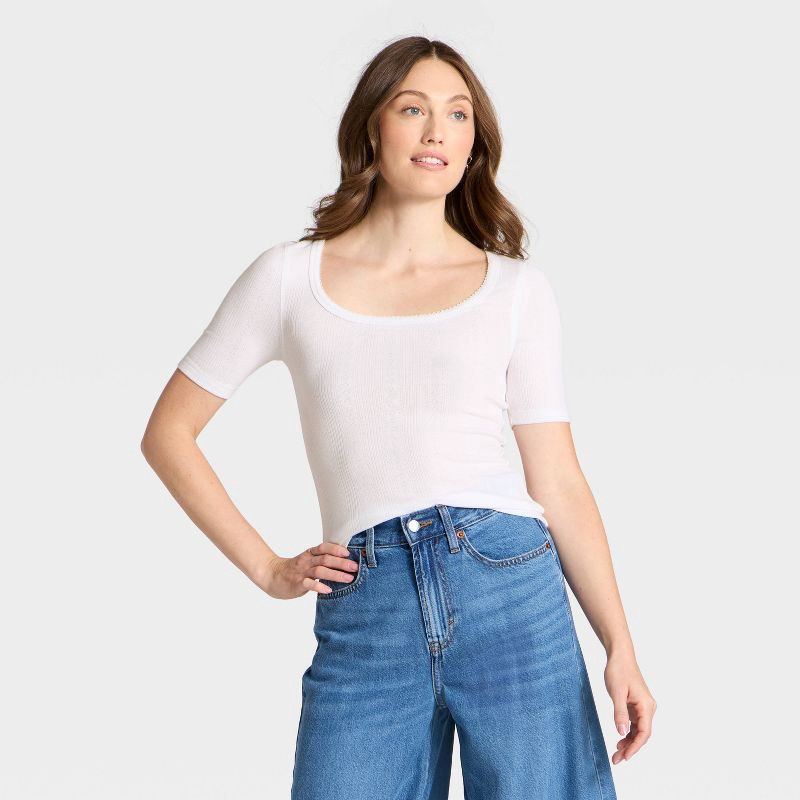 slide 1 of 4, Women's Short Sleeve Scoop Neck Pointelle Blouse - Universal Thread™ Cream L, 1 ct