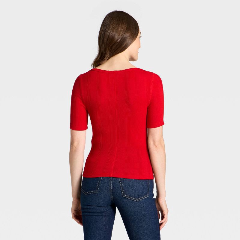slide 2 of 4, Women's Short Sleeve Scoop Neck Pointelle Blouse - Universal Thread™ Red S, 1 ct
