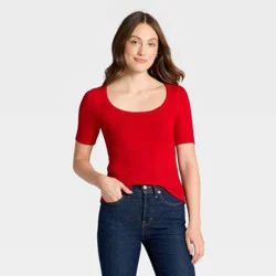 Women's Short Sleeve Scoop Neck Pointelle Blouse - Universal Thread™ Red S