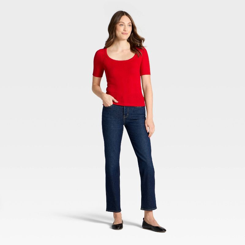 slide 3 of 4, Women's Short Sleeve Scoop Neck Pointelle Blouse - Universal Thread™ Red L, 1 ct
