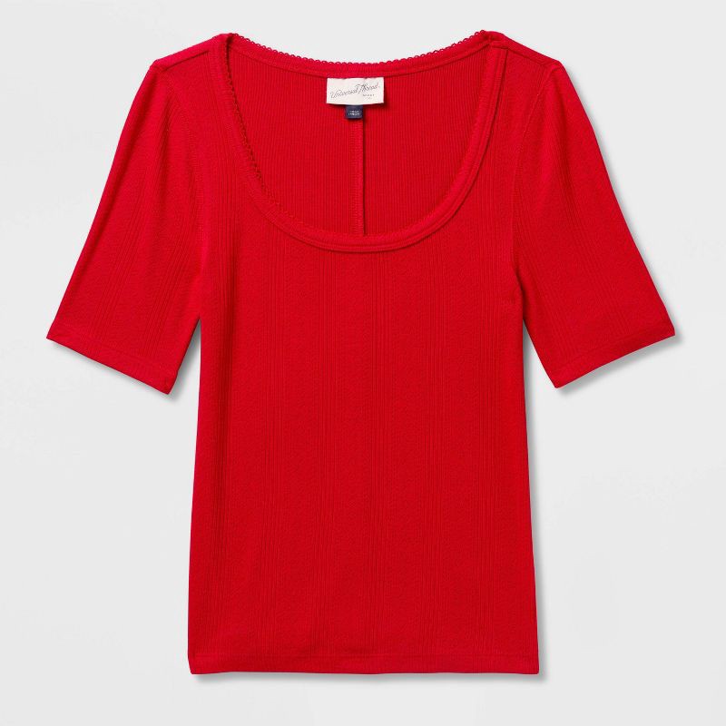 slide 4 of 4, Women's Short Sleeve Scoop Neck Pointelle Blouse - Universal Thread™ Red L, 1 ct
