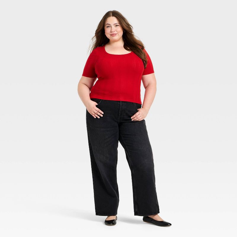 slide 3 of 3, Women's Short Sleeve Scoop Neck Pointelle Blouse - Universal Thread™ Red XXL, 1 ct