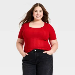 Women's Short Sleeve Scoop Neck Pointelle Blouse - Universal Thread™ Red XXL