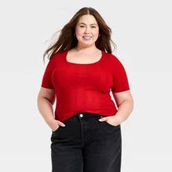 Women's Short Sleeve Scoop Neck Pointelle Blouse - Universal Thread™ Red XXL