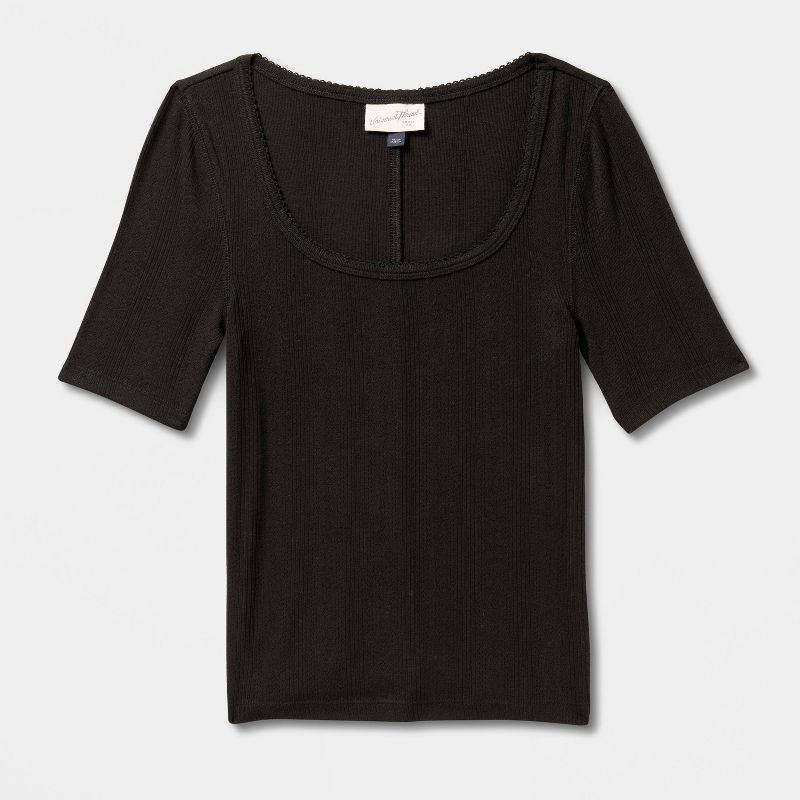 slide 2 of 4, Women's Short Sleeve Scoop Neck Pointelle Blouse - Universal Thread™ Black XS, 1 ct