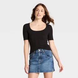 Women's Short Sleeve Scoop Neck Pointelle Blouse - Universal Thread™ Black S