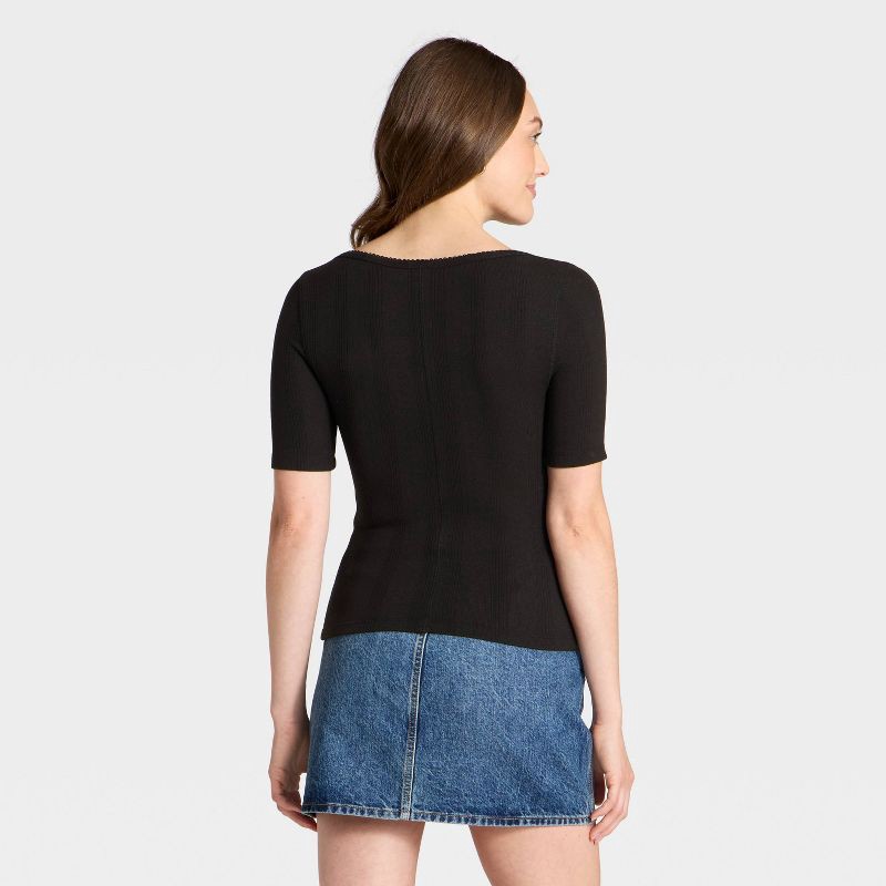slide 2 of 4, Women's Short Sleeve Scoop Neck Pointelle Blouse - Universal Thread™ Black L, 1 ct
