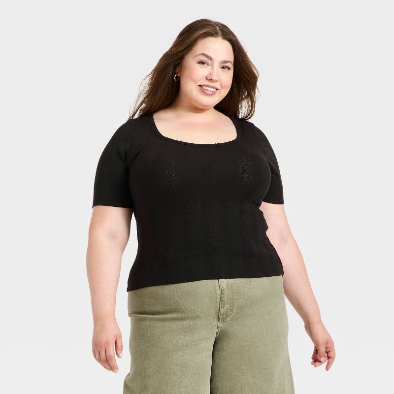 slide 1 of 3, Women's Short Sleeve Scoop Neck Pointelle Blouse - Universal Thread™ Black XXL, 1 ct