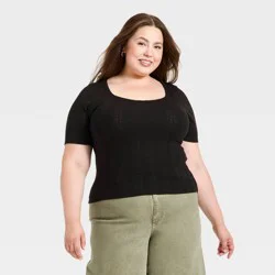 Women's Short Sleeve Scoop Neck Pointelle Blouse - Universal Thread™ Black XXL