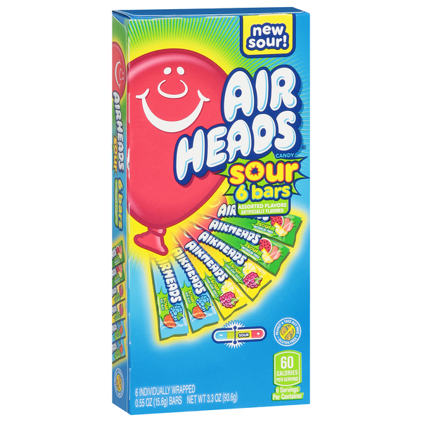 slide 1 of 1, Airheads Sour Bars, Assorted Flavors, 6-0.55 Oz Bars, 3.3 oz