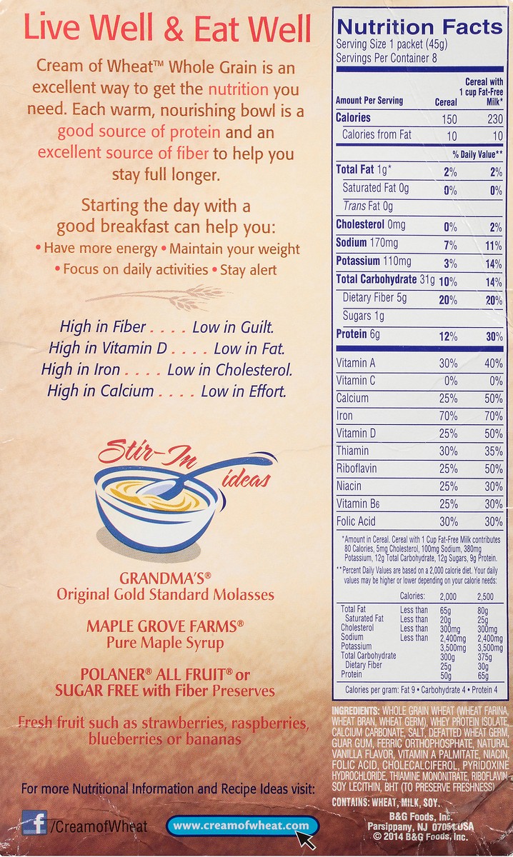 slide 7 of 14, Cream of Wheat Whole Grain Instant Hot Cereal 8-1.59 oz. Packets, 12.7 oz