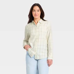 Women's Long Sleeve Collared Flannel Button-Down Shirt - Universal Thread™ Cream Plaid XS