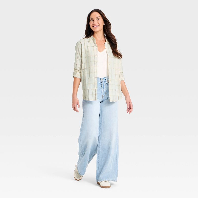 slide 3 of 3, Women's Long Sleeve Collared Flannel Button-Down Shirt - Universal Thread™ Cream Plaid L, 1 ct