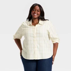 Women's Long Sleeve Collared Flannel Button-Down Shirt - Universal Thread™ Cream Plaid XXL