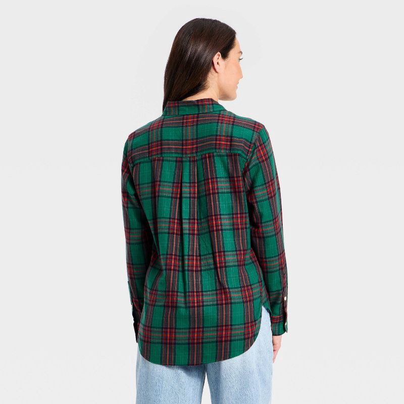 slide 2 of 3, Women's Long Sleeve Collared Flannel Button-Down Shirt - Universal Thread™ Green Plaid S, 1 ct