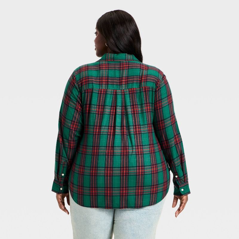 slide 2 of 3, Women's Long Sleeve Collared Flannel Button-Down Shirt - Universal Thread™ Green Plaid XXL, 1 ct