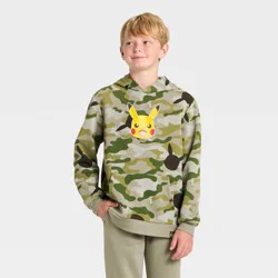 Boys' Pokemon Pikachu Camo Fleece Hooded Sweatshirt - Green S