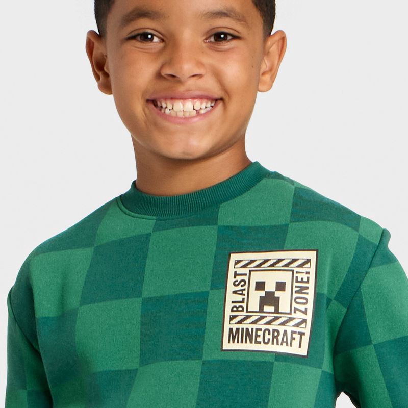 slide 2 of 4, Boys' Minecraft Creeper Checkered Fleece Sweatshirt - Dark Green L, 1 ct